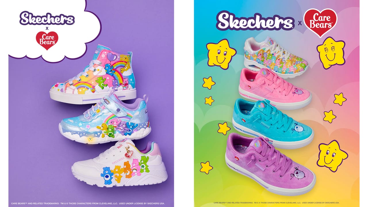 Images featuring the Skechers x Care Bears sneaker line.