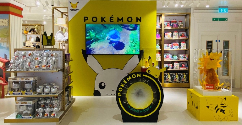 The Pokémon takeover in a Selfridges store featuring Pikachu, along with Pokémon toys and games.