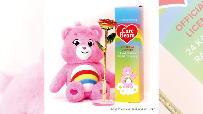The Care Bears-branded 24 karat gold-dipped rainbow rose.  