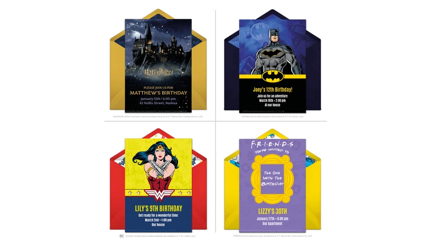 Punchbowl greeting cards featuring Warner Bros. IP. 