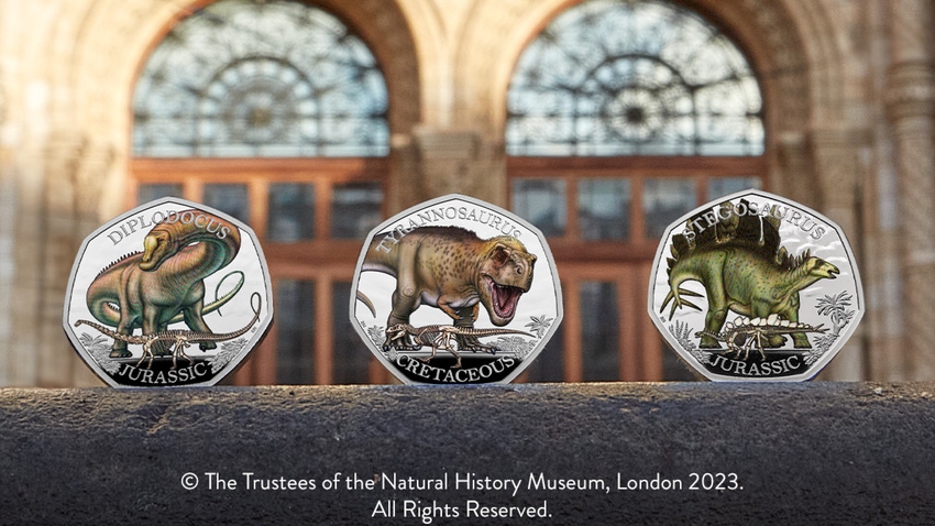 (From L to R): Diplodocus, Tyrannosaurus and Stegosaurus coins, respectively. 