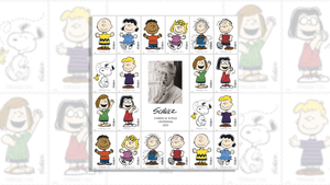 The entire Peanuts crew, including Snoopy, Woodstock, Charlie Brown and more, with illustrator Charles Schulz in the center.