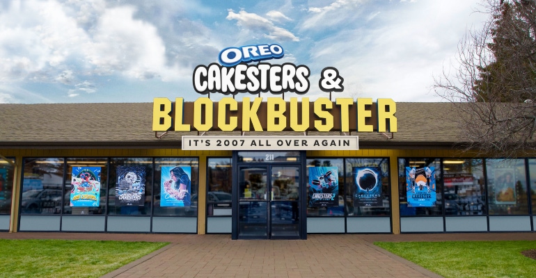The exterior of the last Blockbuster store, featuring Oreo signage