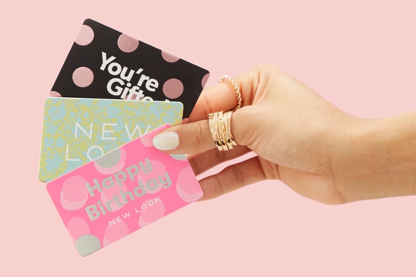 Buy a gift card, three different types of gift card designs shown including our Happy Birthday design style in pink.