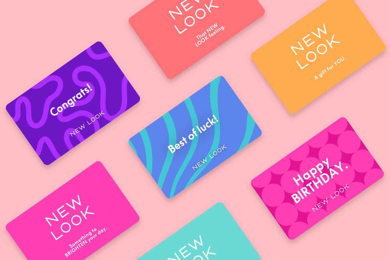 A collection of six colourful gift cards featuring the words "New Look" prominently.