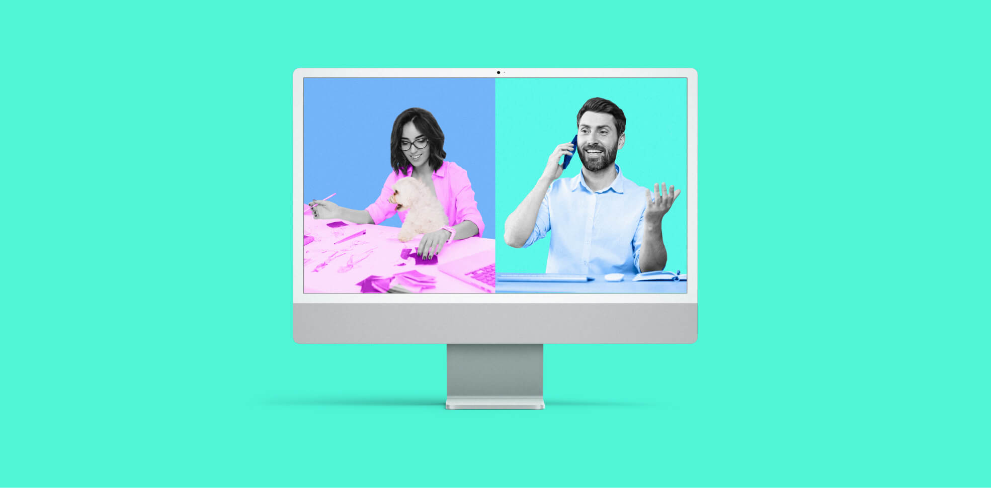 two people in the windows of programs on the monitor on green background
