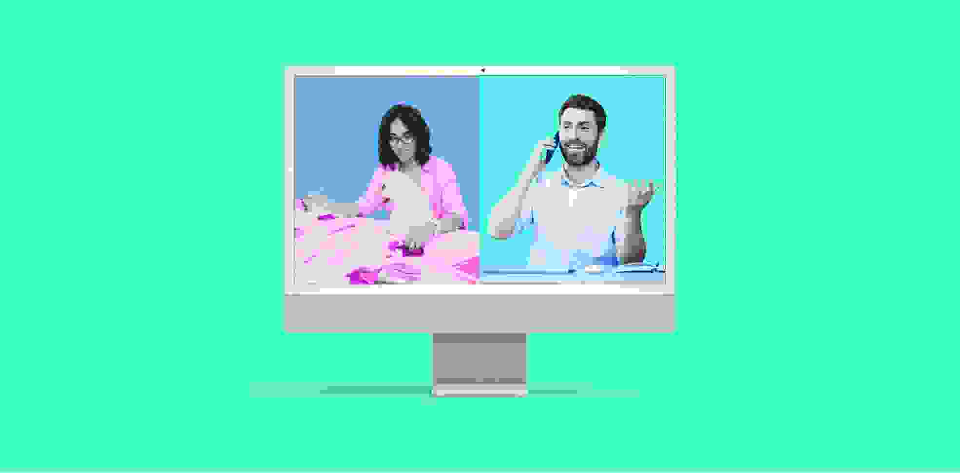 two people in the windows of programs on the monitor on green background