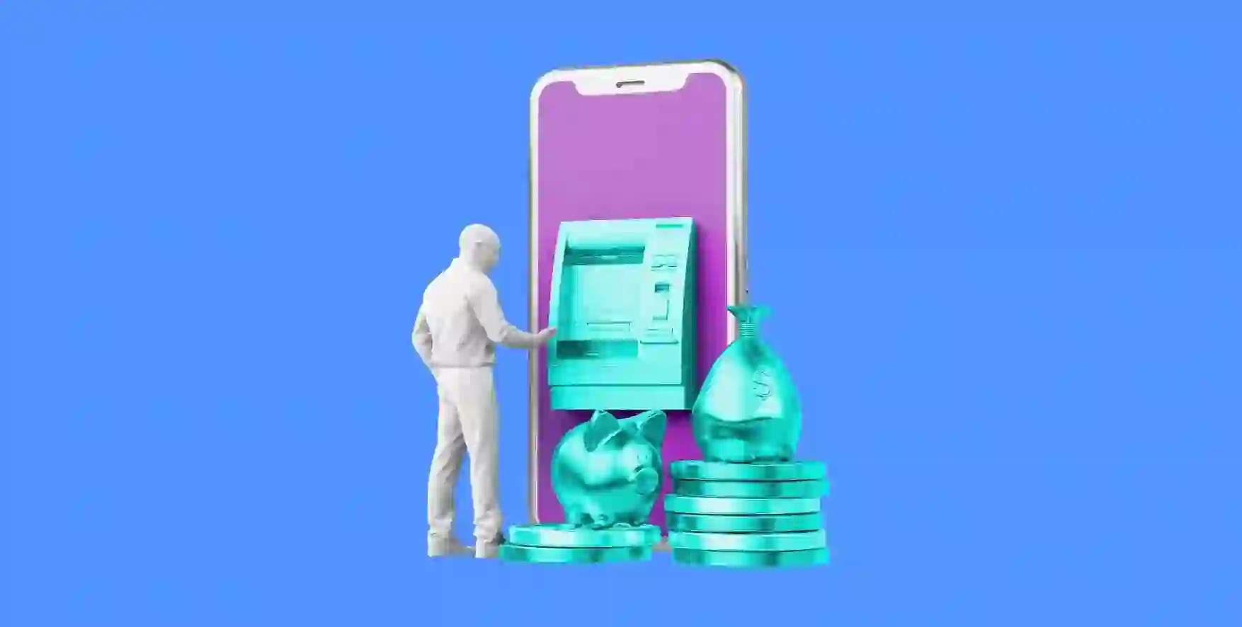 a man stands in front of an ATM built into a smartphone