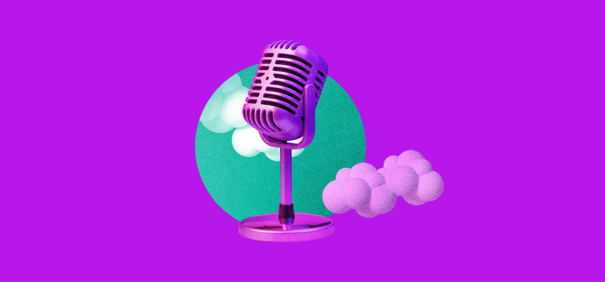 ilustración de micrófono con nubes en el fondo morado