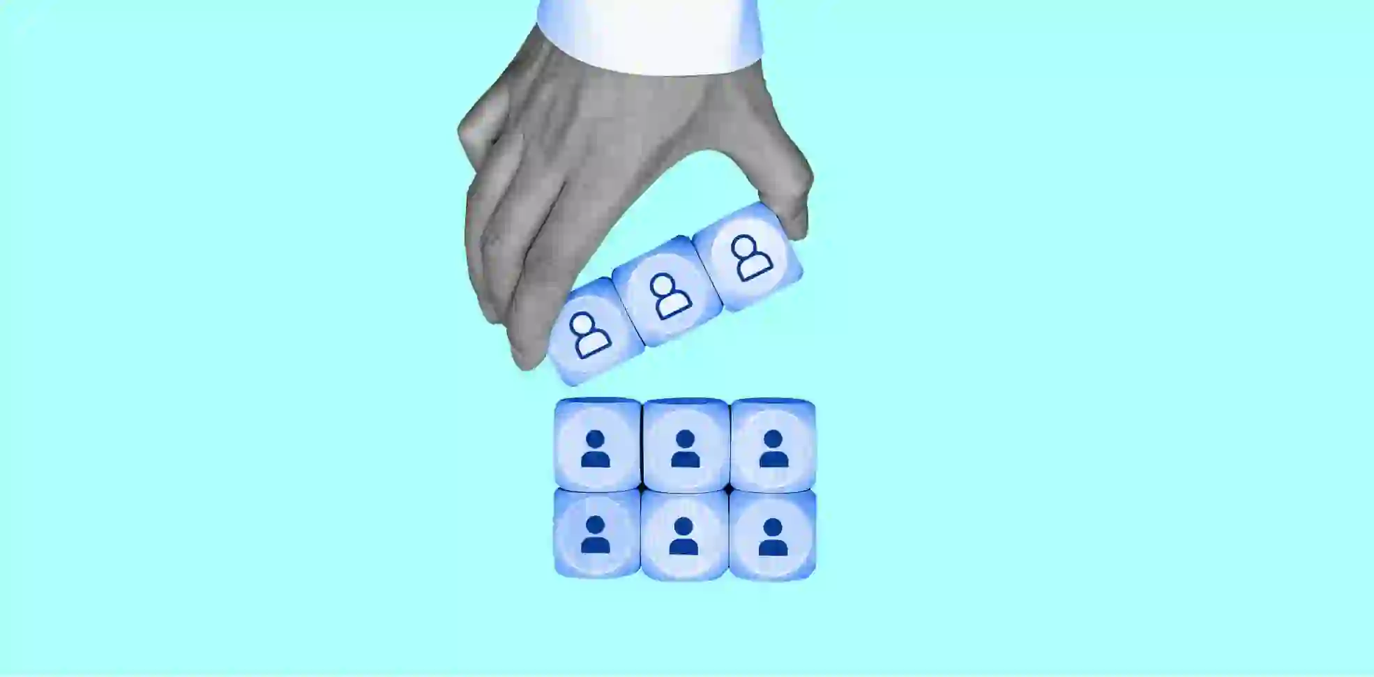 hand moves cubes on aqua background