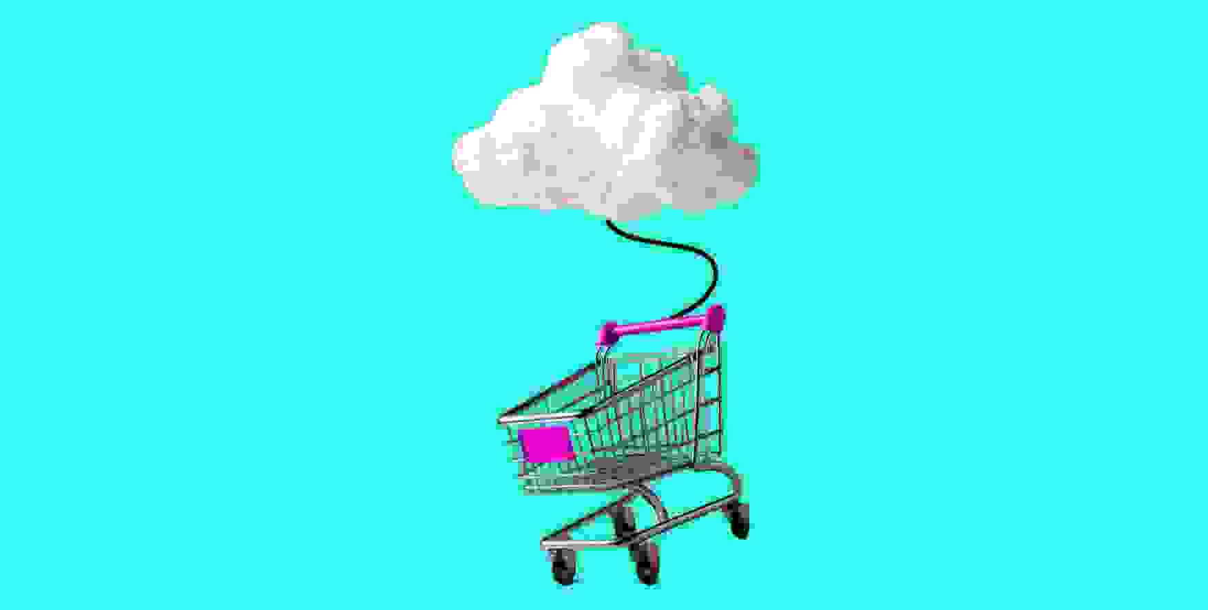 a shopping cart hanging under a cloud