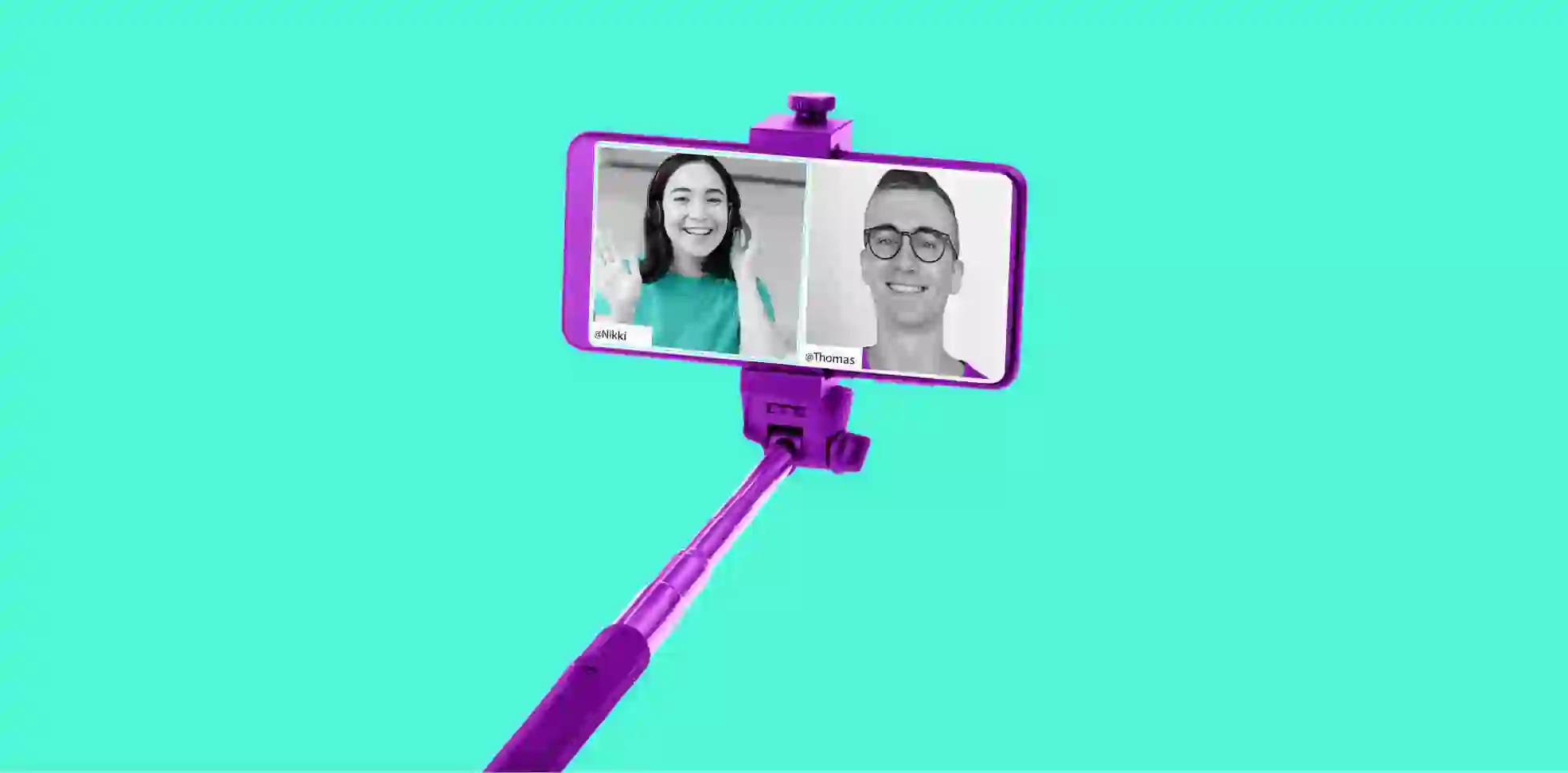 a purple phone on a selfie stick on a green background