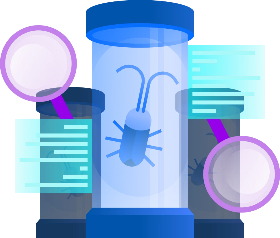 A stylized graphic of a magnifying glass examining a bug inside a tube, symbolizing the process of debugging.