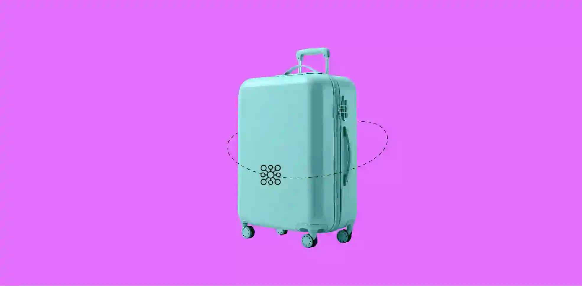 suitcase on wheels on purple background
