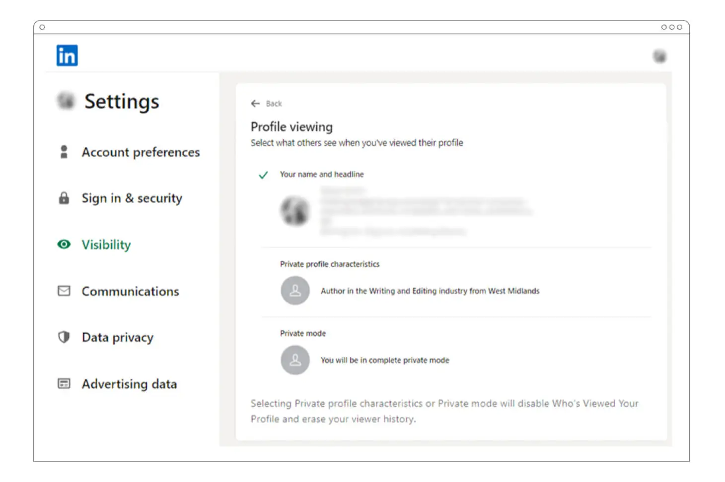 making a LinkedIn profile private: profile viewing