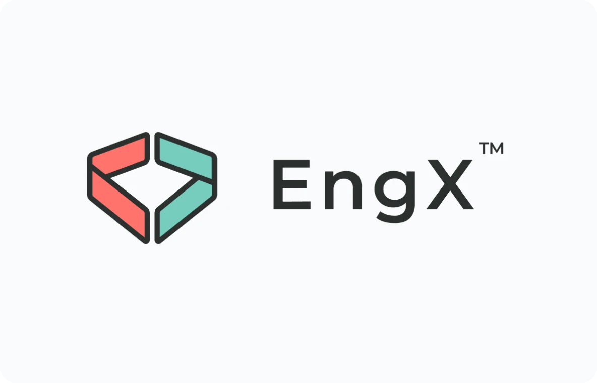 A logo featuring a stylized, three-dimensional hexagon in teal and coral next to the capitalized word "EngX" with a trademark symbol.