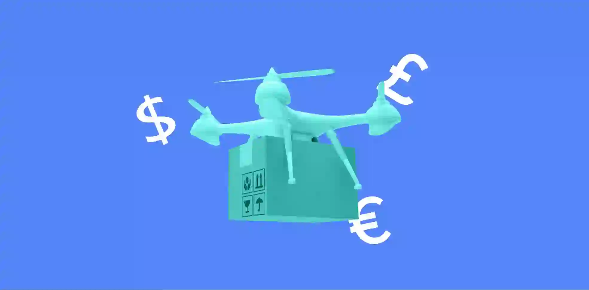 quadcopter carries a box on blue background