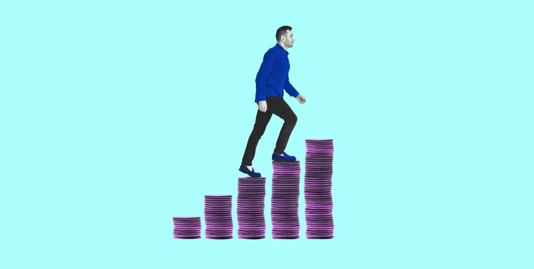 a man walks up the steps in the form of stacks of coins