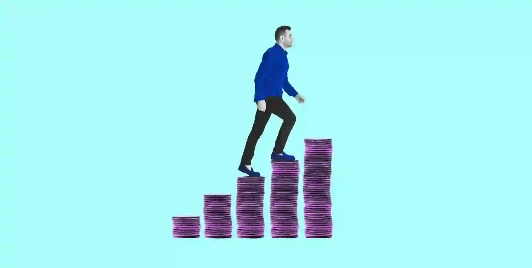 a man walks up the steps in the form of stacks of coins