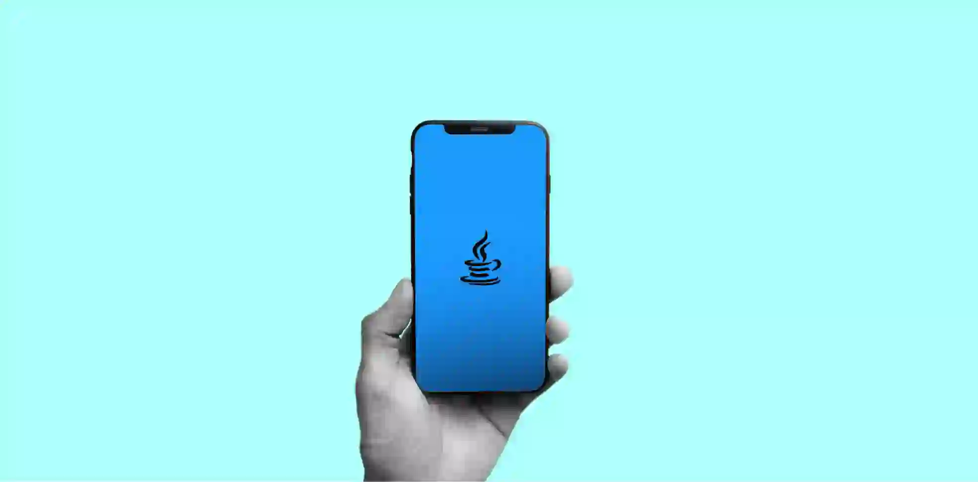 a smartphone in a hand on aqua background