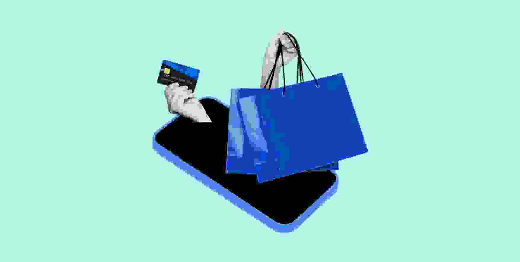 hands with a credit card and with purchases stick out of the phone