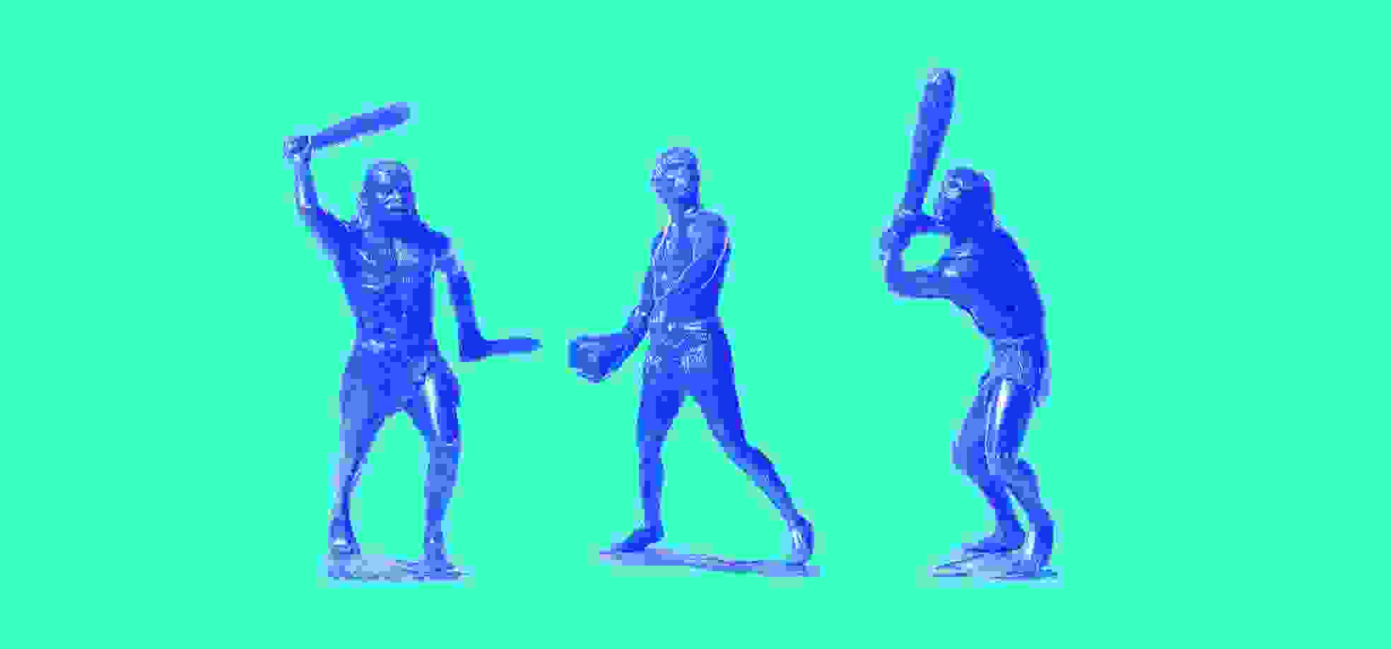 3 man form the Stone Age stands with a clubs in hands illustration