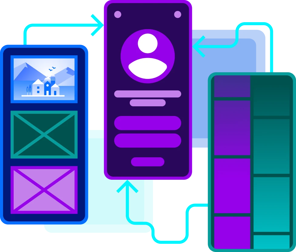 Colorful, abstract illustration of various web interface elements and arrows representing a user interface or a process flow.