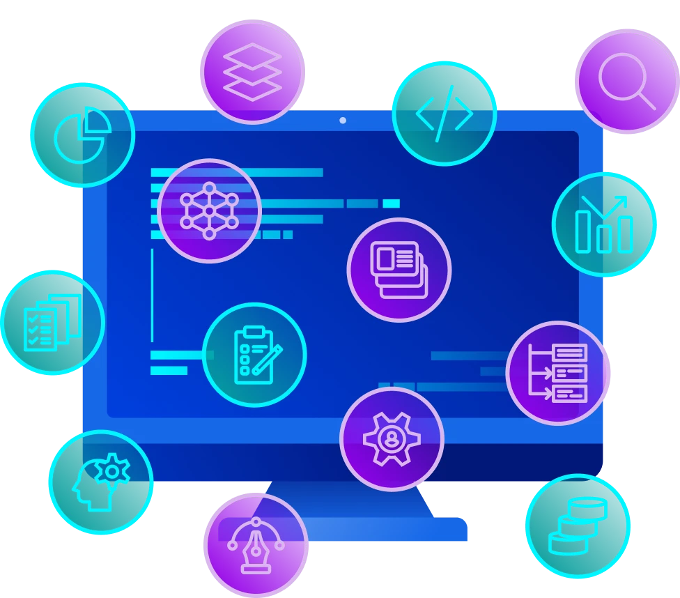 An illustration for a career test: a set of tech profession items in front of a computer screen