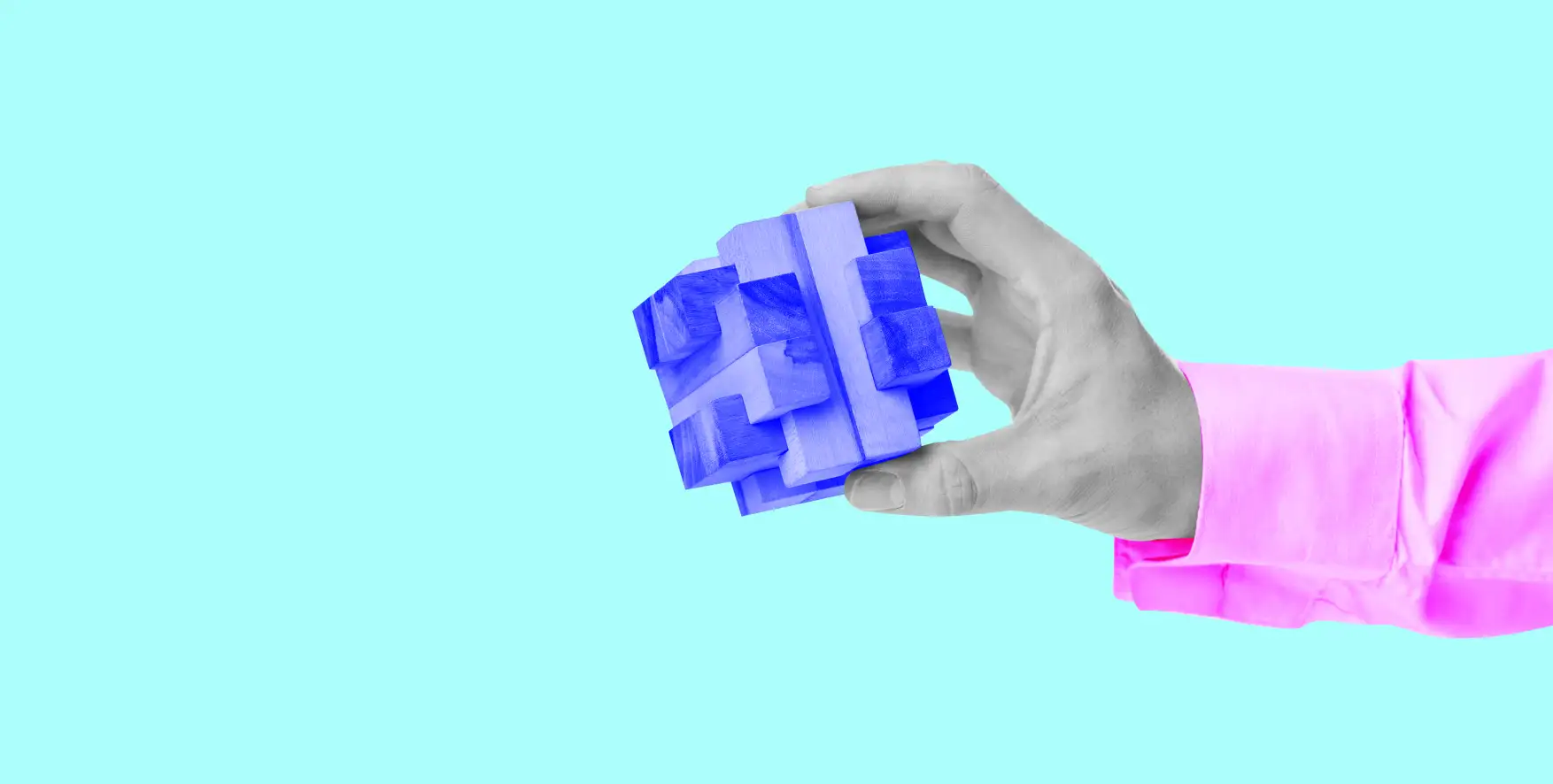 cubes connected into a blockchain in a man's hand