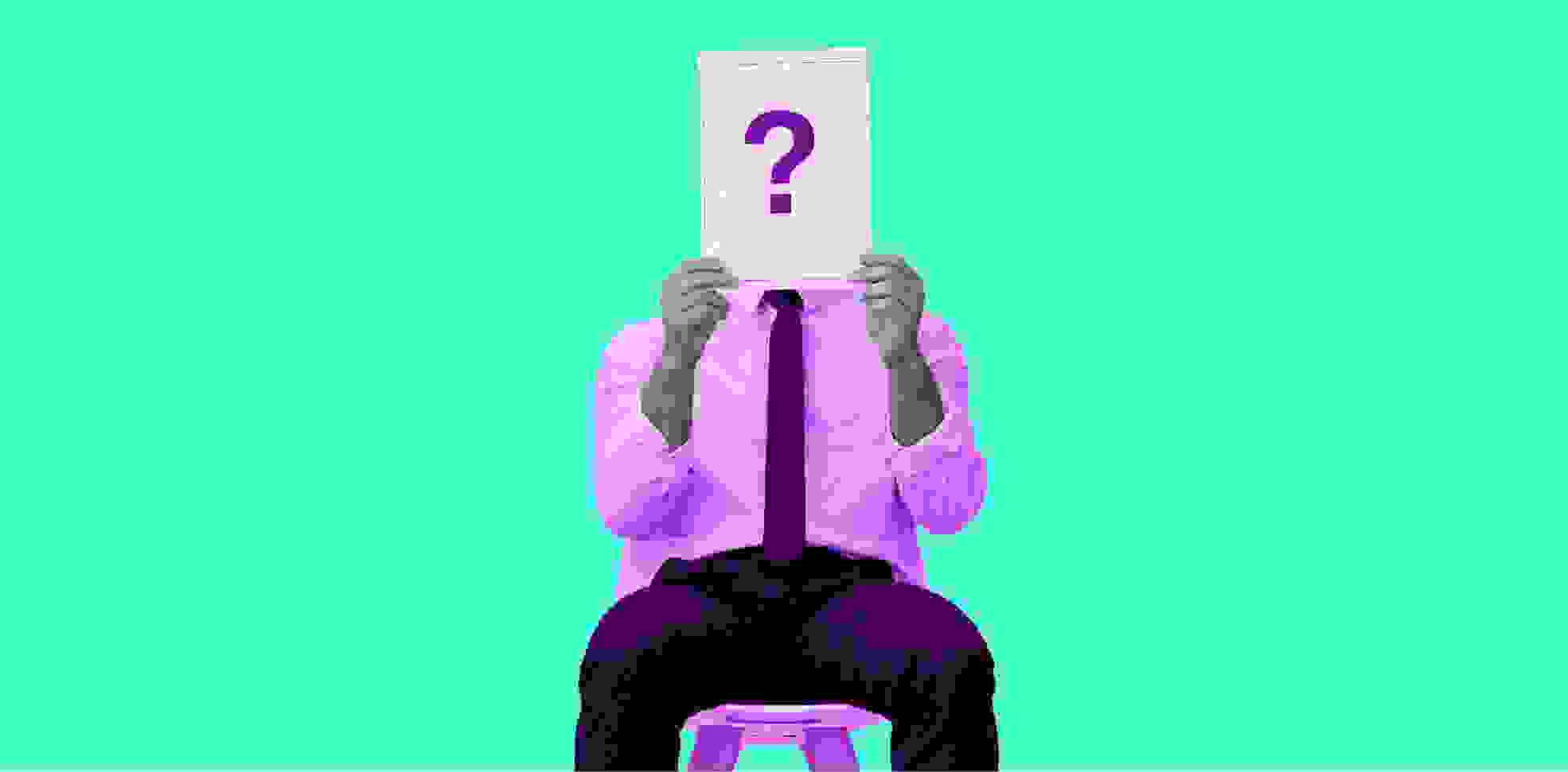 man sitting on a chair holding a sheet of paper with a question mark, on a green background