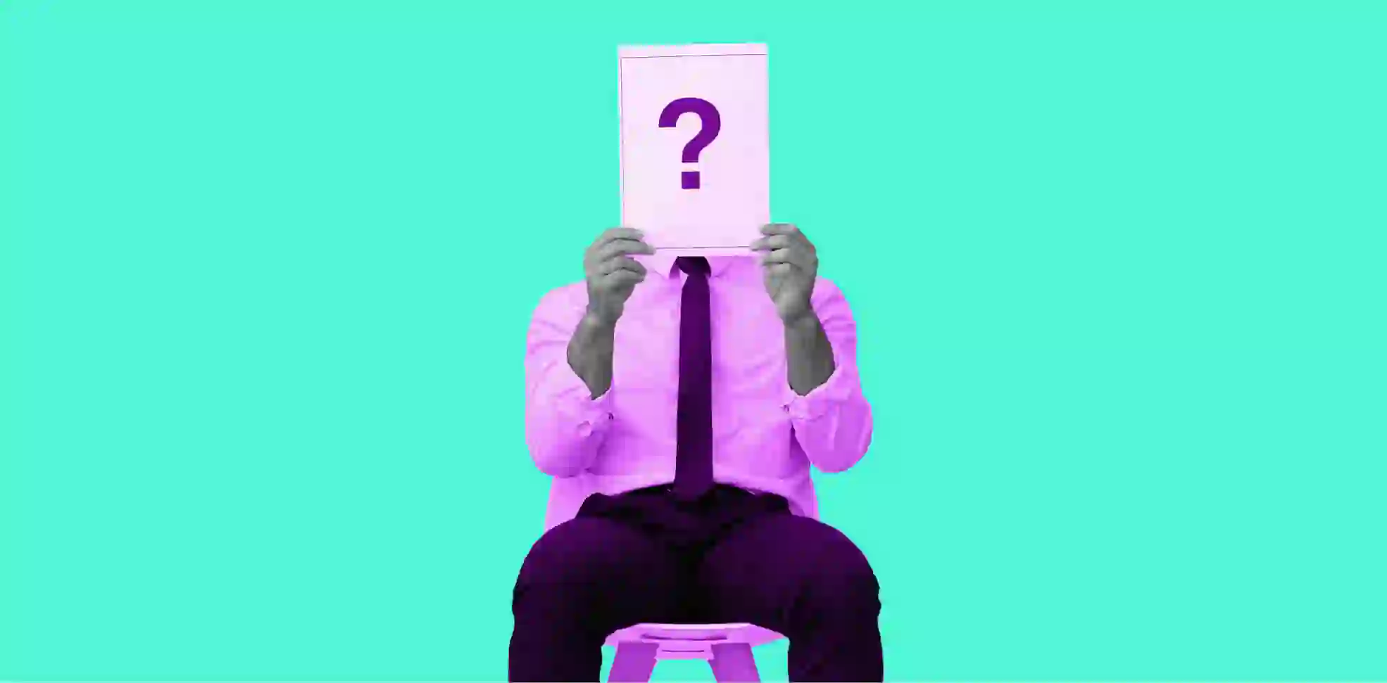 man sitting on a chair holding a sheet of paper with a question mark, on a green background