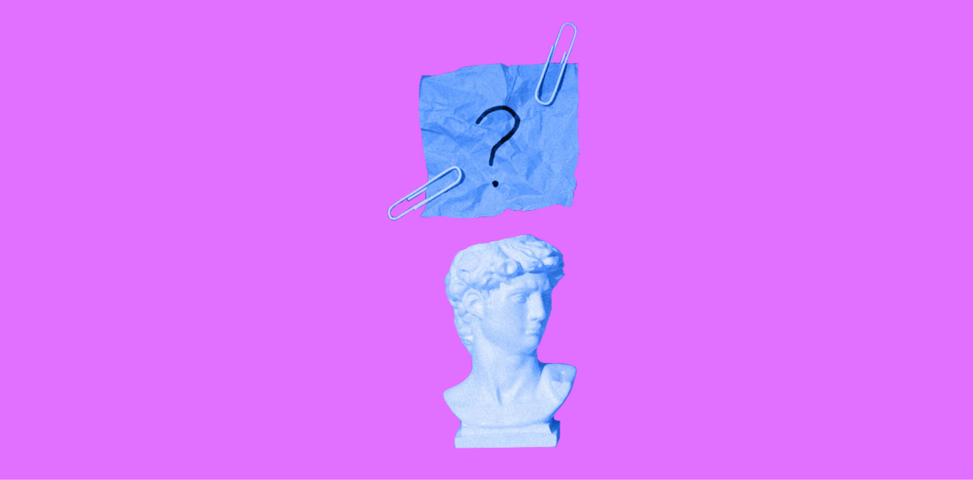 question mark on a piece of paper and a statue on the purple background