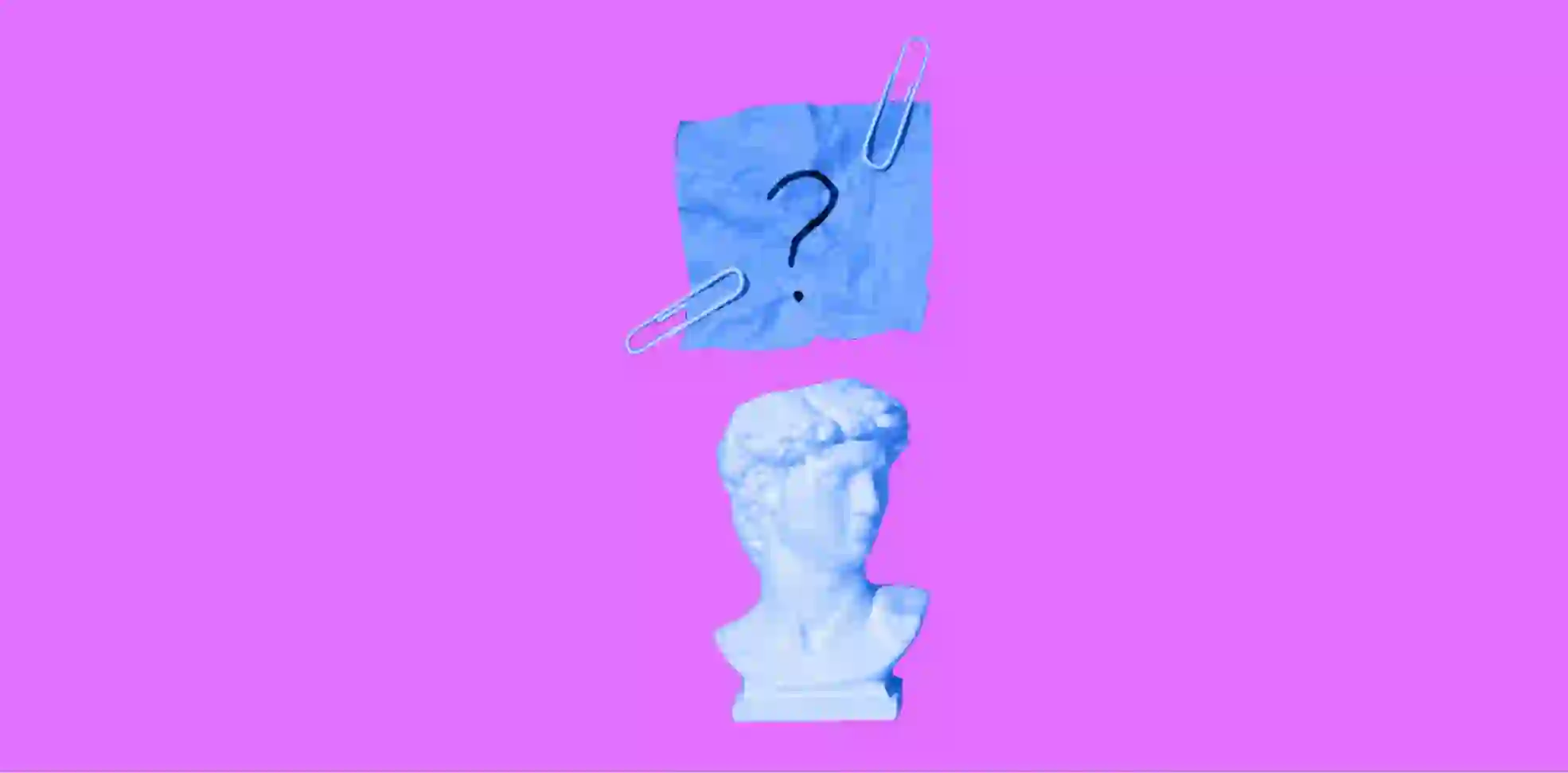 question mark on a piece of paper and a statue on the purple background
