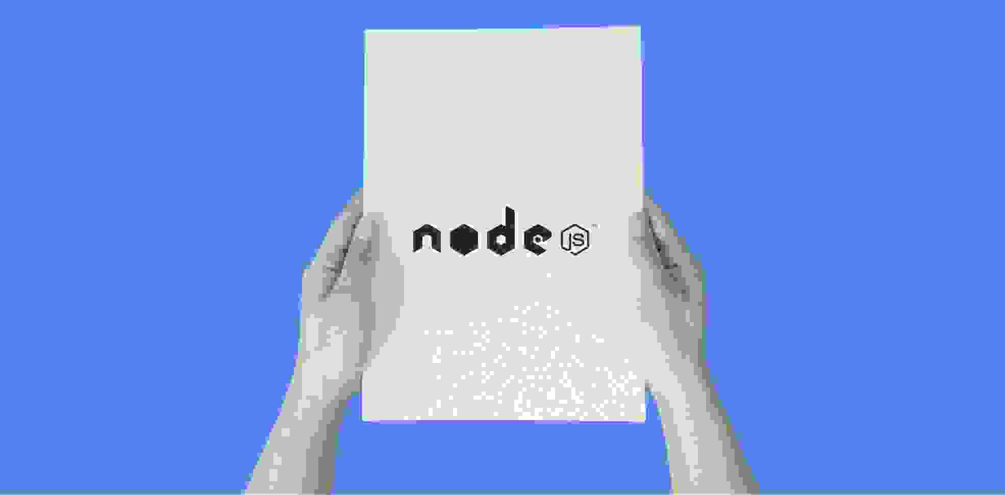hands holding a sheet of paper with words node js on blue background