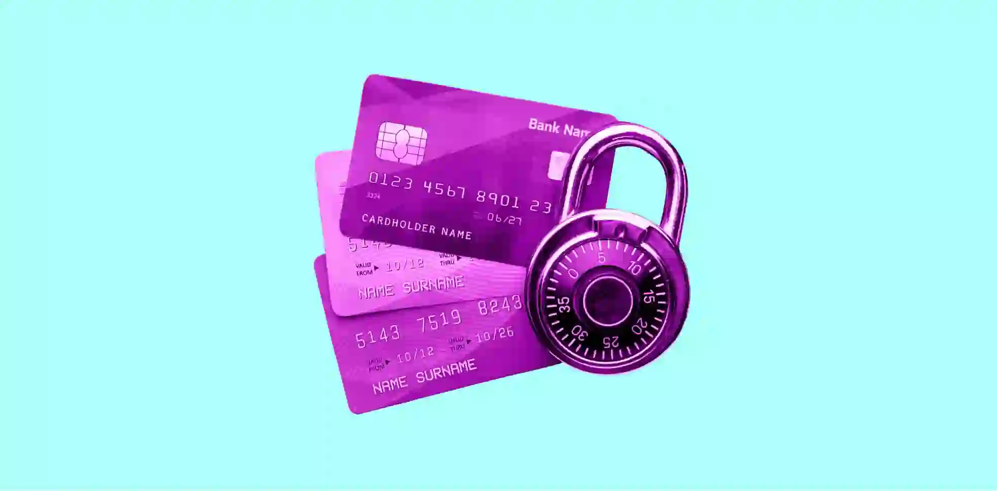 bank cards and lock on aqua background