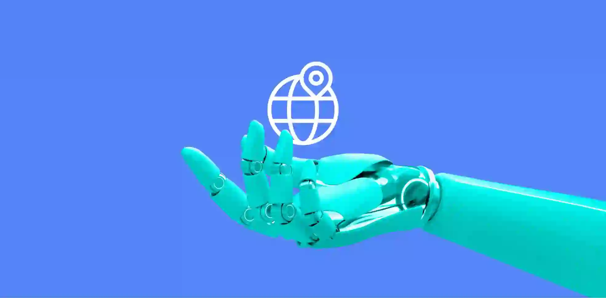 robot hand holding a globe symbol on blue background