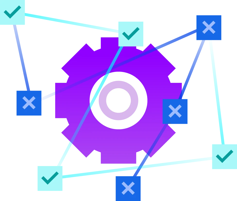 A graphical depiction of a central purple gear connected to various check and cross symbols through blue lines, representing a process or workflow evaluation.