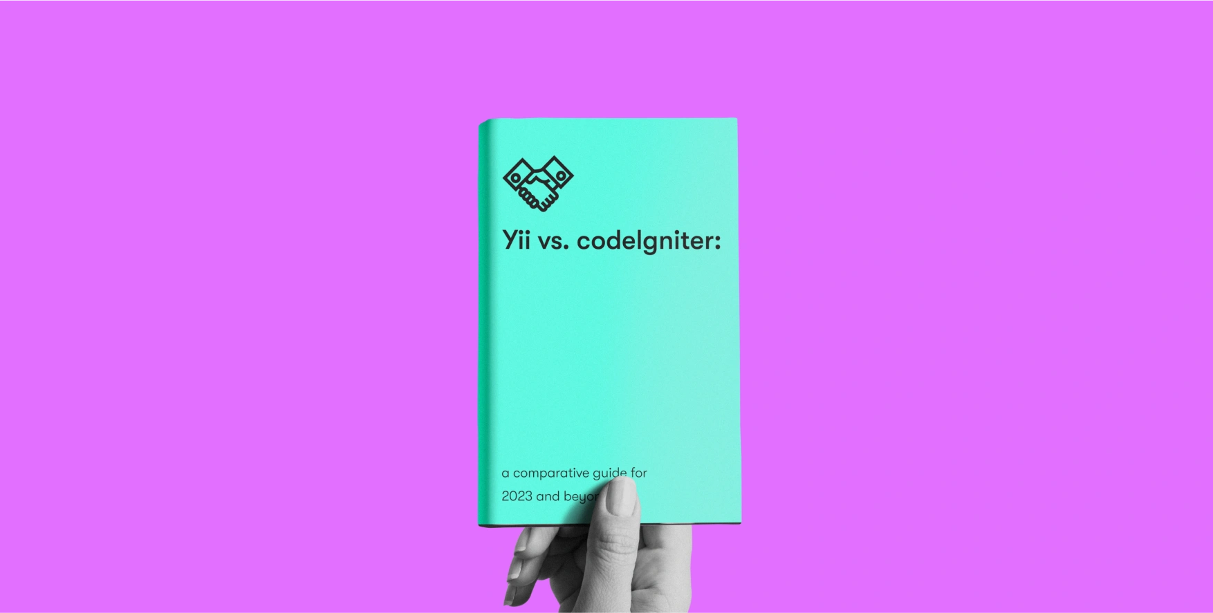 hand holding a book with a title Yii vs. CodeIgniter on purple background