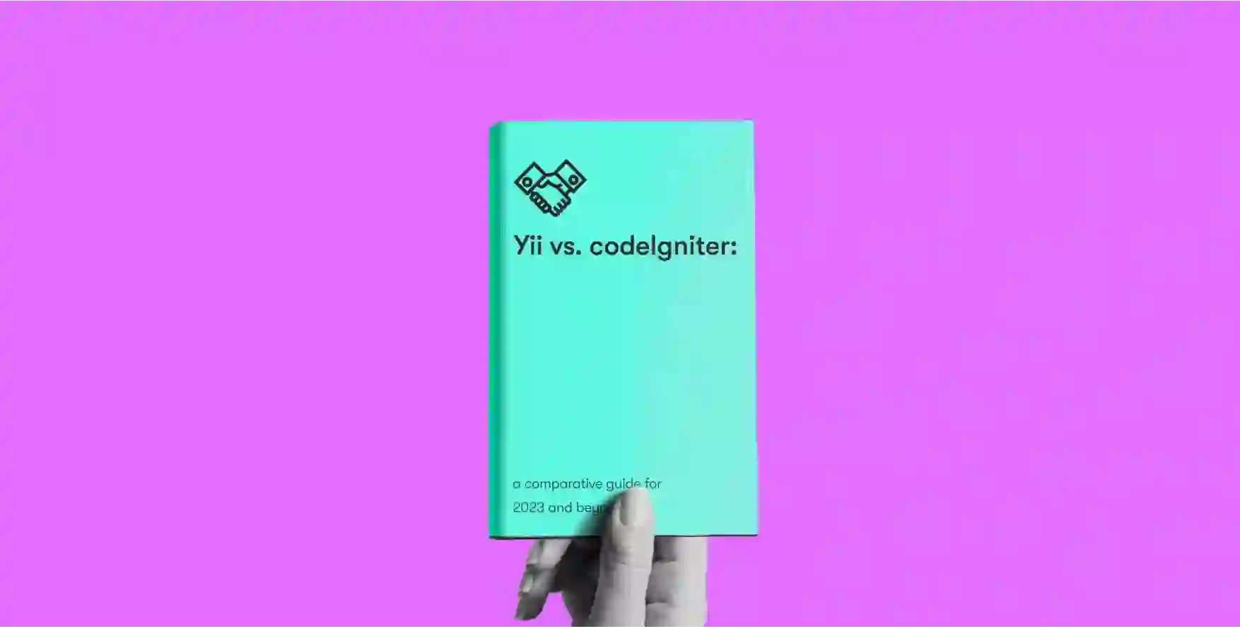 hand holding a book with a title Yii vs. CodeIgniter on purple background