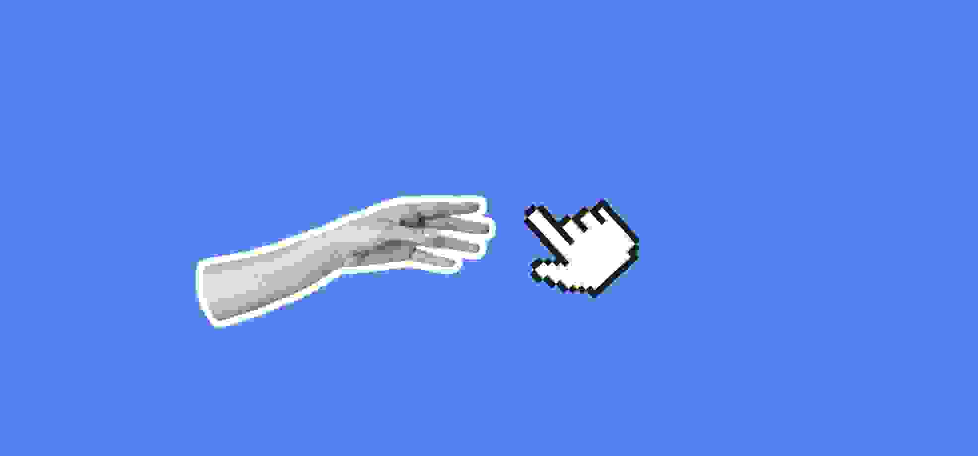 la mano tiende a la mano del cursor sobre el fondo azul