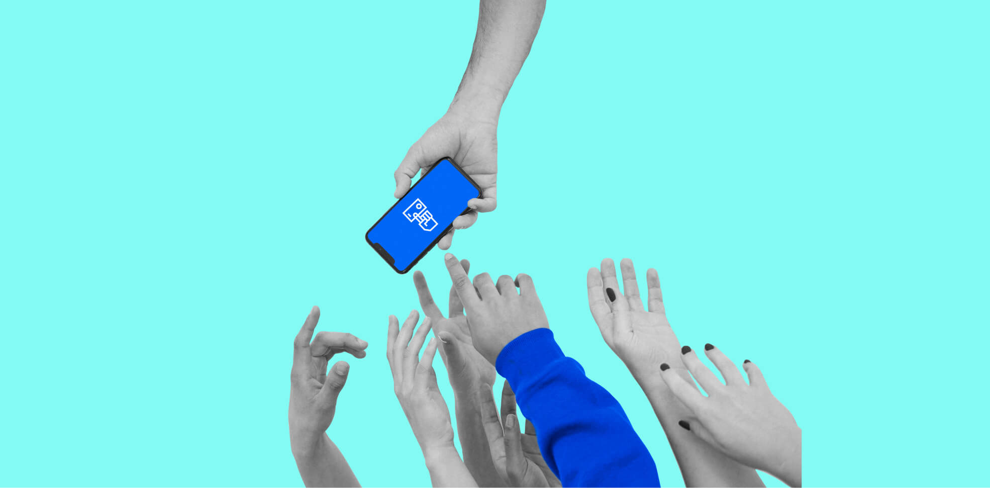 hands reach for the phone in the other hand on aqua background