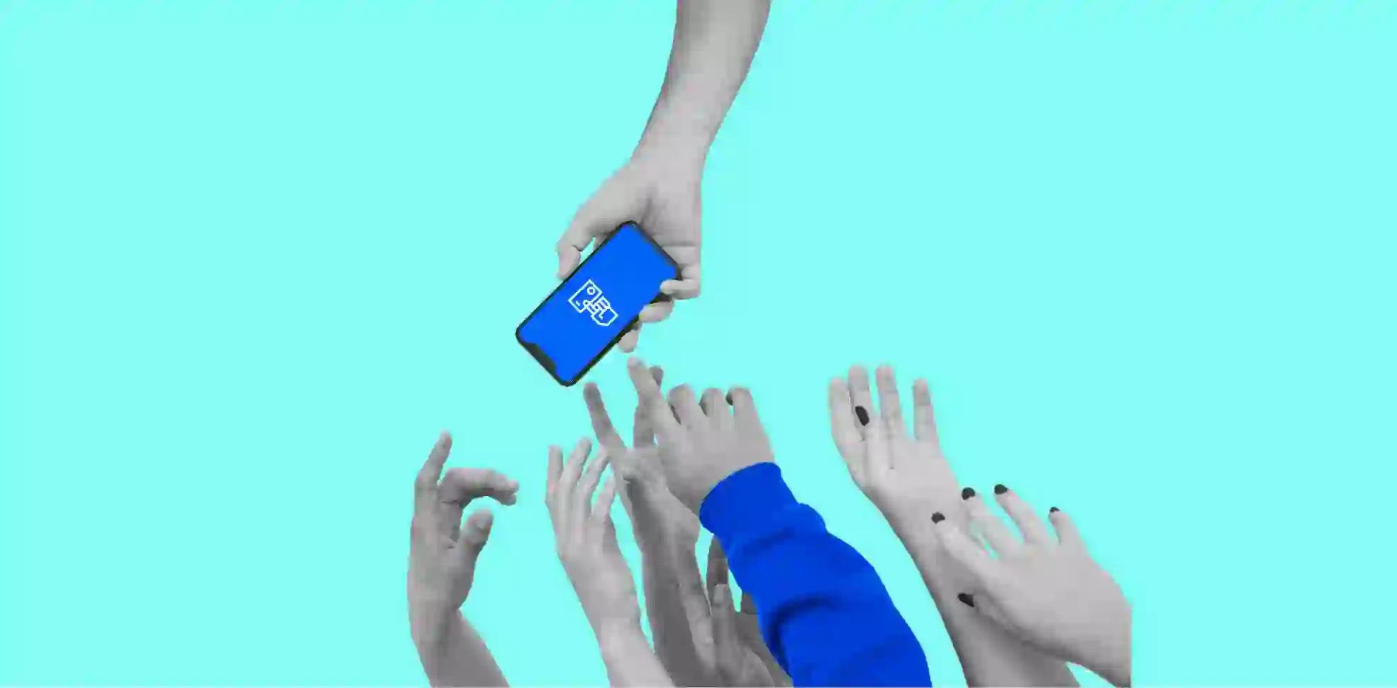 hands reach for the phone in the other hand on aqua background