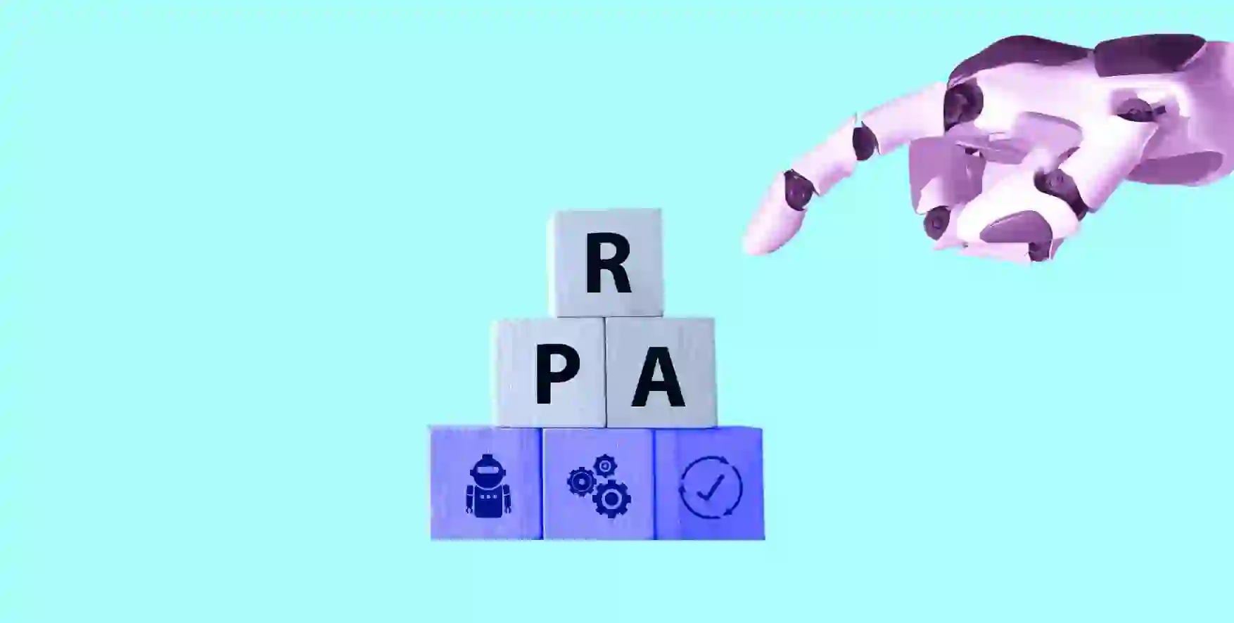 robot hand points to cubes with letters RPA on faces