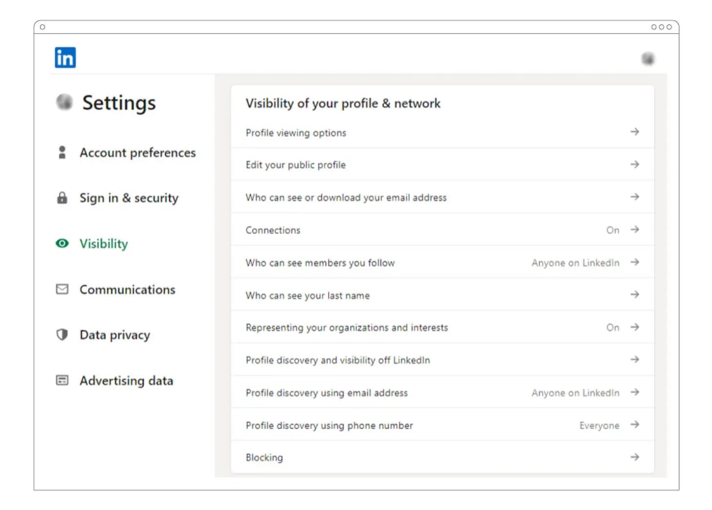 Visibility of your LinkedIn profile and network screenshot
