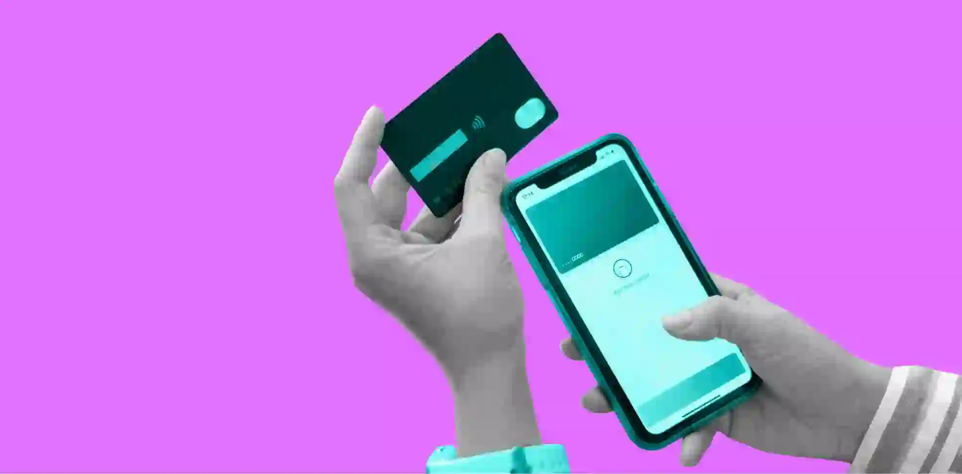 hands holding a smartphone with a banking card