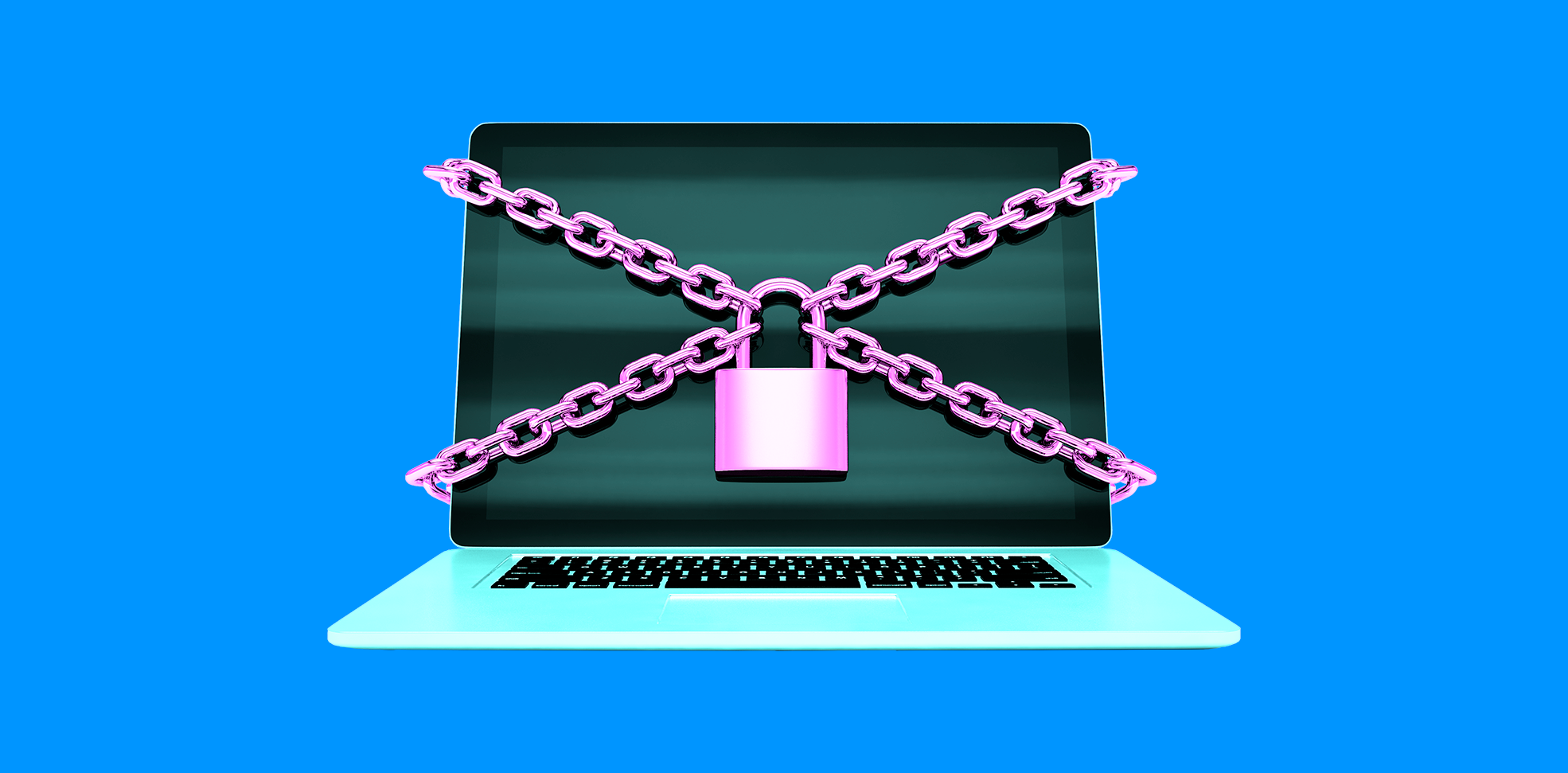 a keyboard wrapped in a chain with a lock is viewed under a magnifying glass on blue background