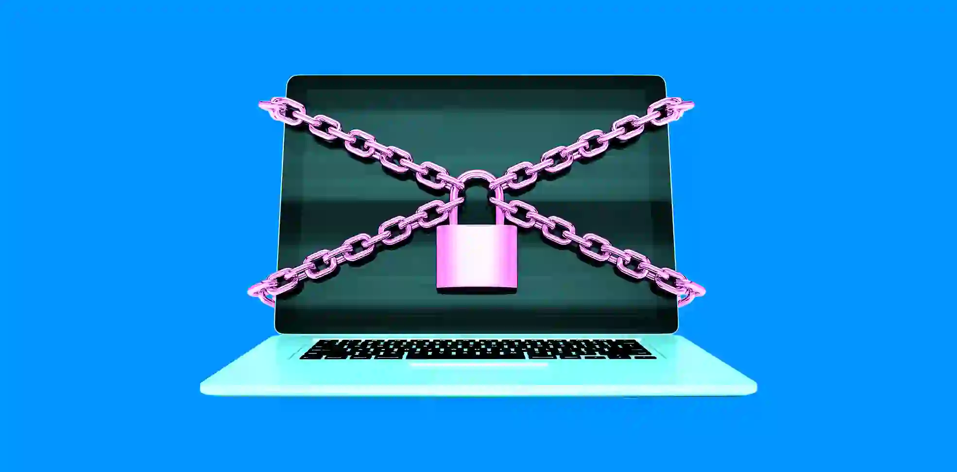 a keyboard wrapped in a chain with a lock is viewed under a magnifying glass on blue background