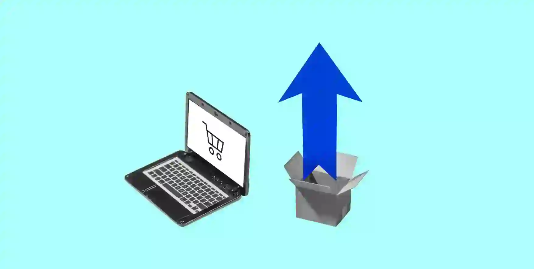 an open laptop with a shopping cart on the screen near an open box with an upward arrow flying out of it