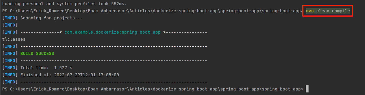 Captura de pantalla de la comprobación de un proyecto al dockerizar una aplicación de Spring Boot