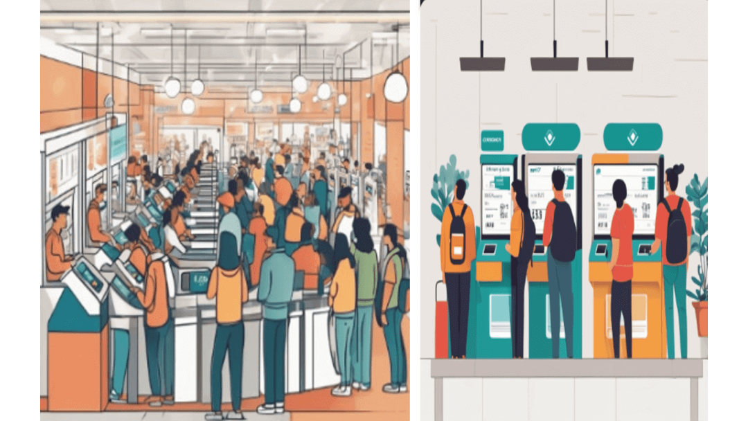 Crowded check-out areas in the grocery store